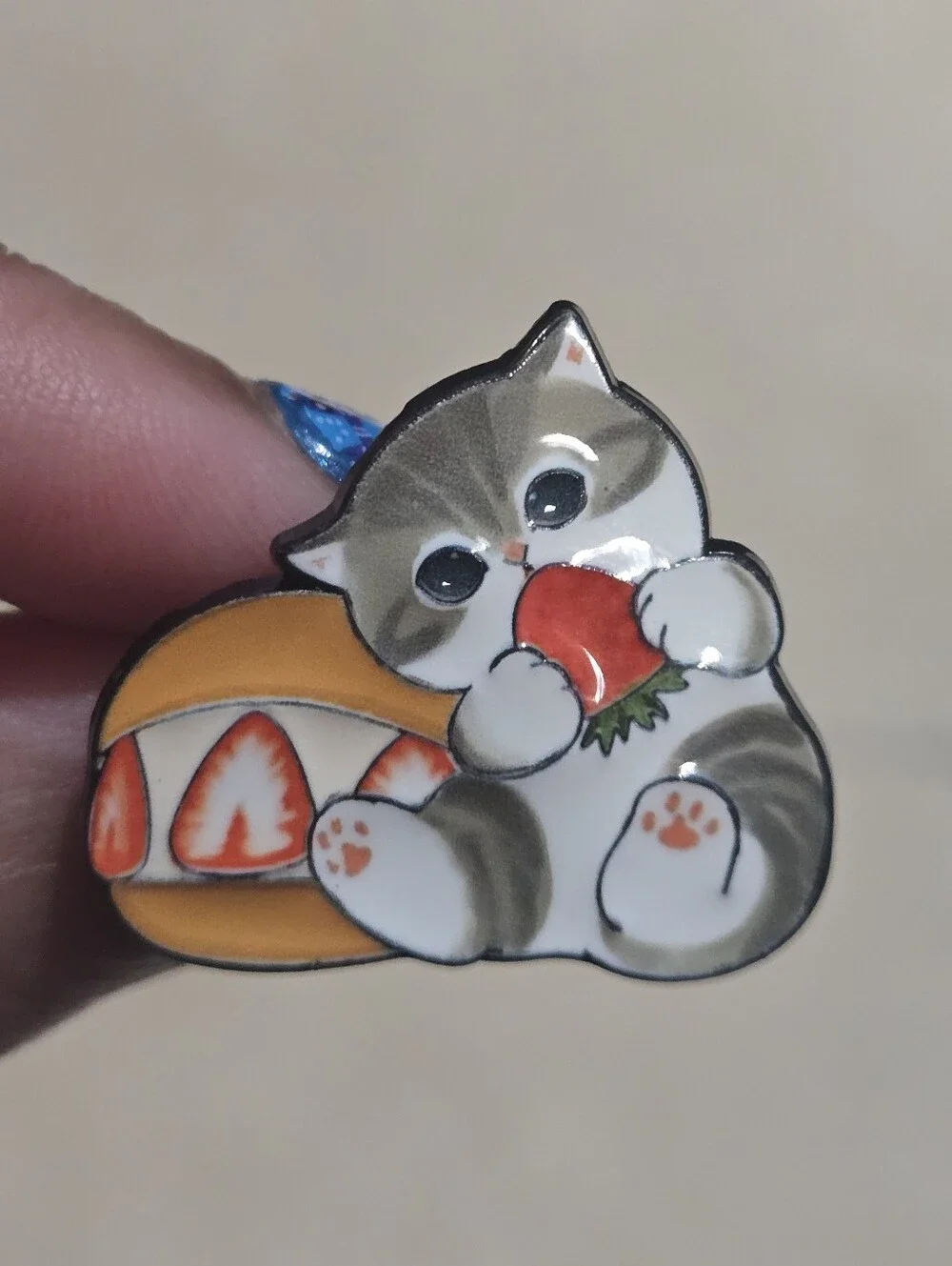 Cute Gray & White Cat Enamel Pin - Strawberry Snack Design